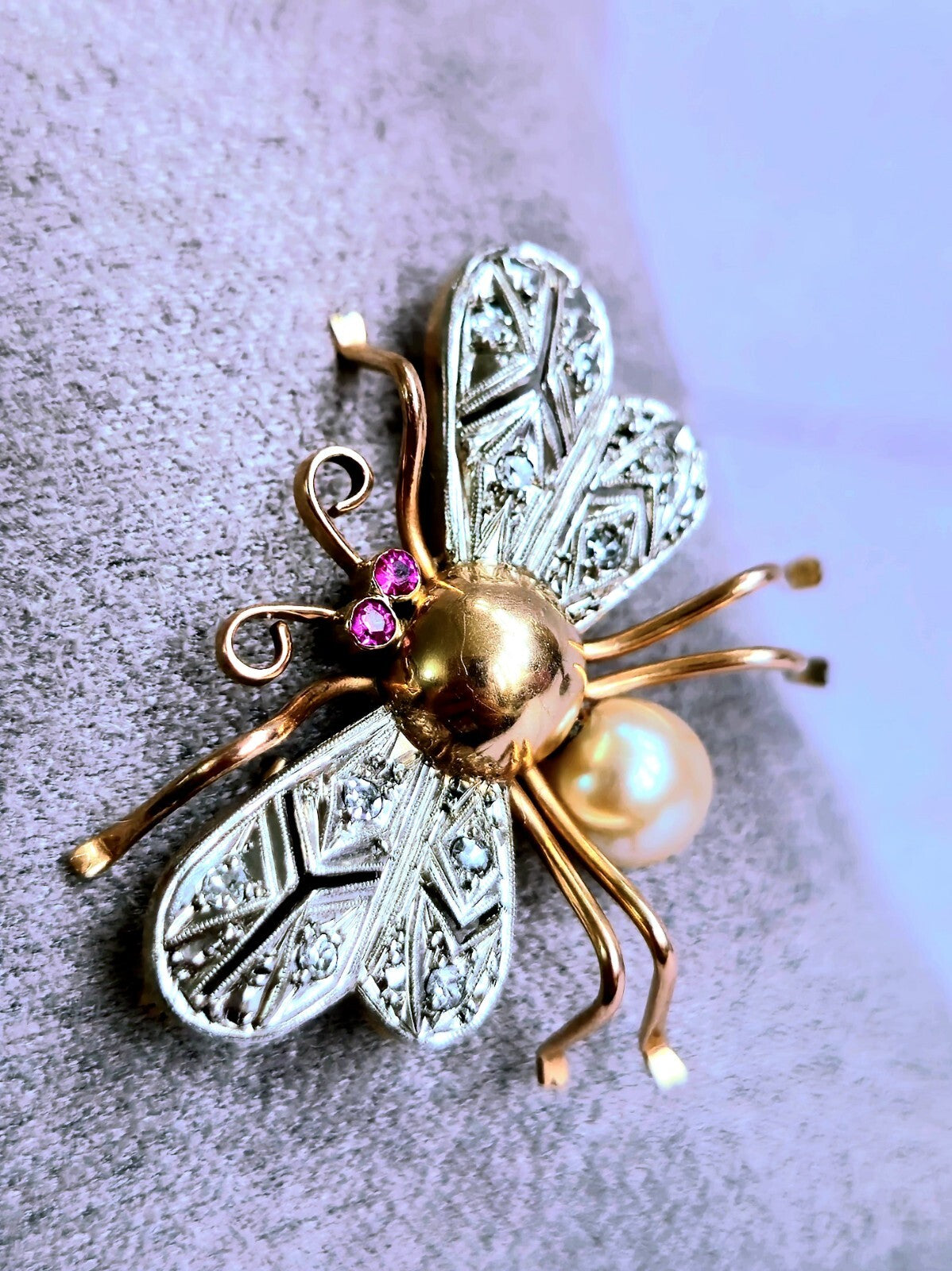 18K Rose Gold & Platinum Antique Victorian Diamonds Ruby & Pearl Bee Brooch Bug