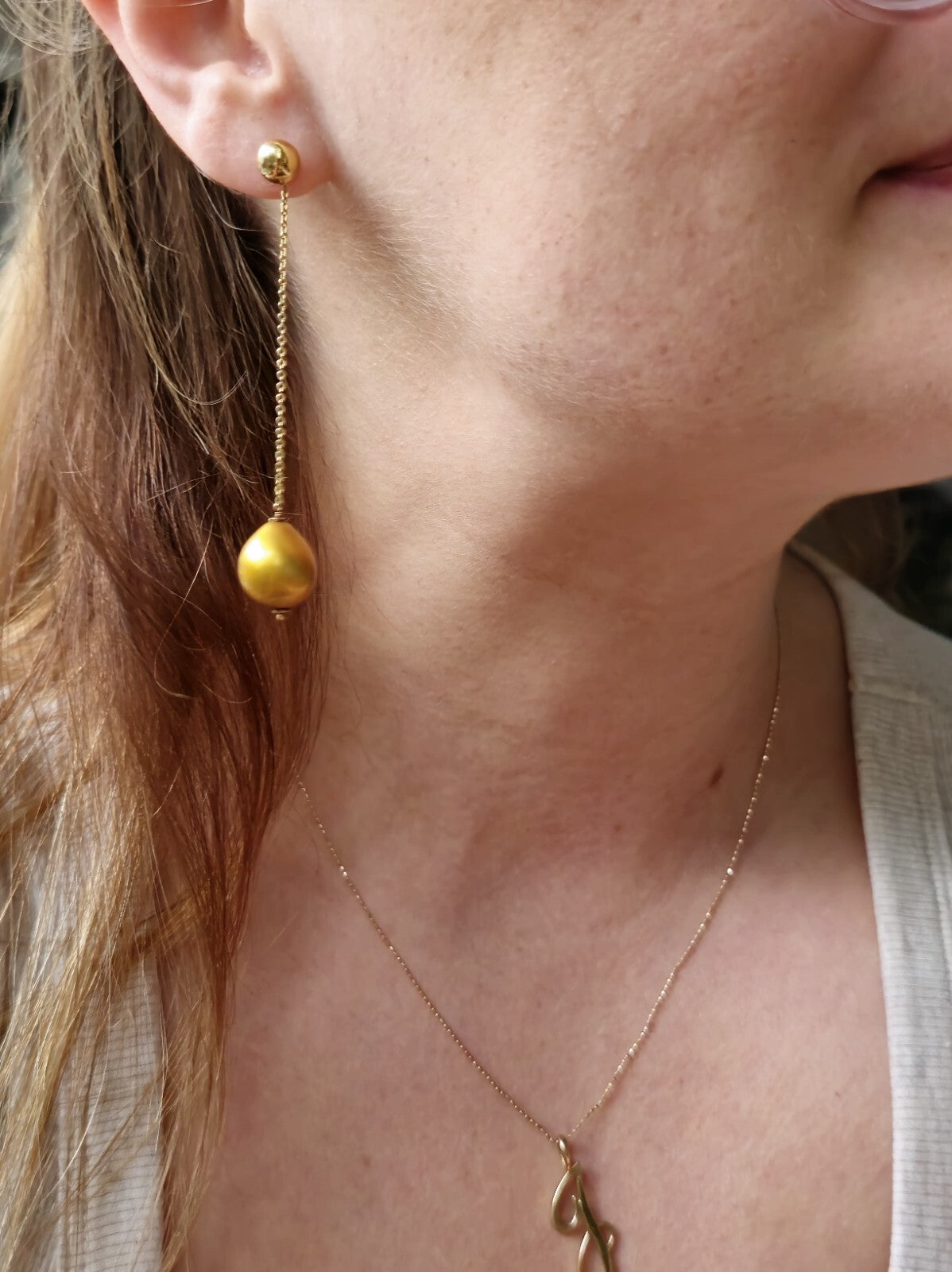 Long Chain Drop Earrings in 14K Yellow Gold Yellow 8mm Baroque Pearls 73mm Long
