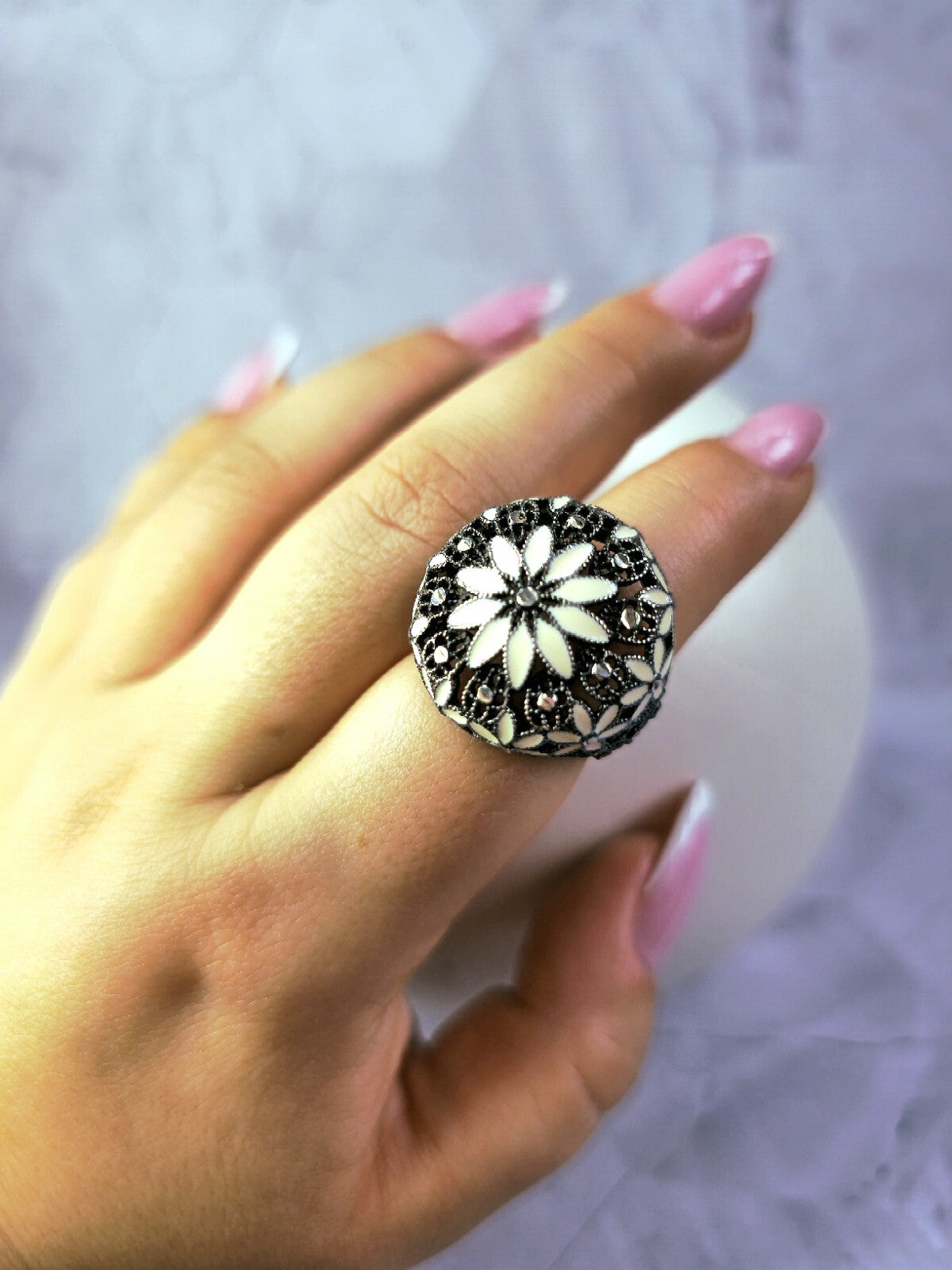 Sterling Silver 925 Ring Art Decor Oxidised Enamel Dress Cocktail, size O+ Black