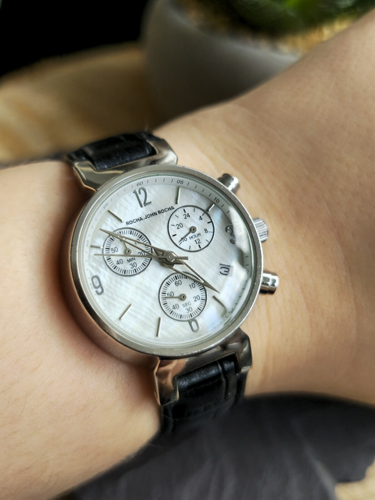 Beautiful Rocha John Rocha Watch Mother of Pearl Dial Leather Strap Chronograph