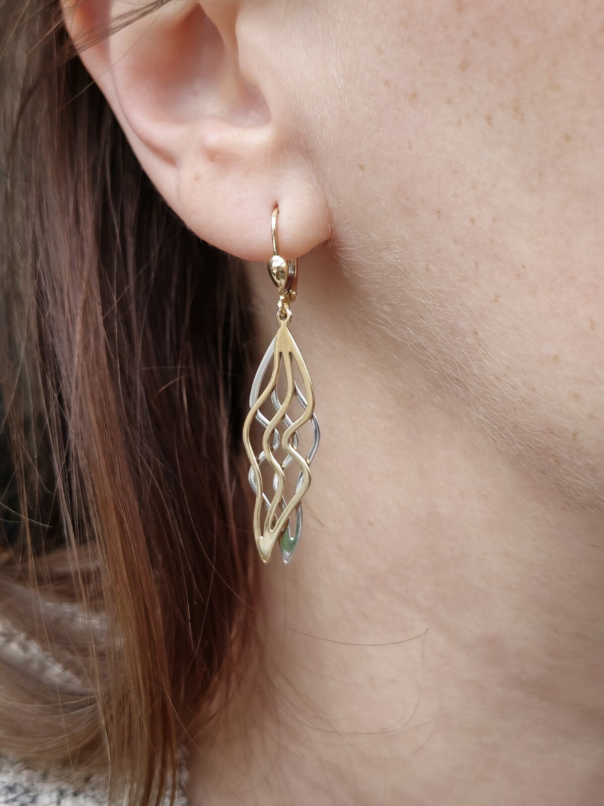 9ct Yellow/White Gold Solid Drop Earrings Long 50mm Leaf Motif Waves Lever Back