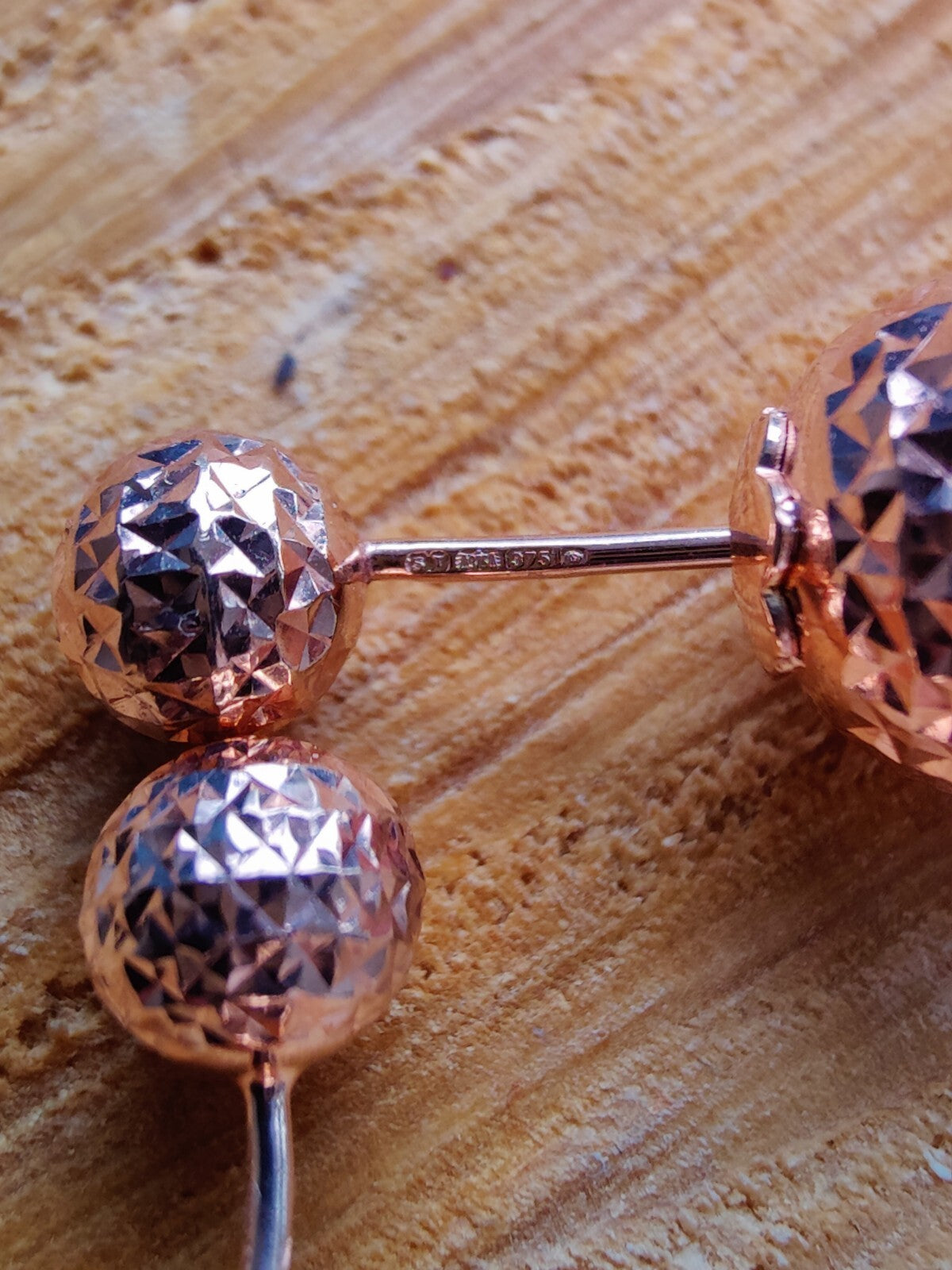 New Double Ball Reversible 9K Rose Gold Stud Earrings 6-10mm Diamond Cut Balls