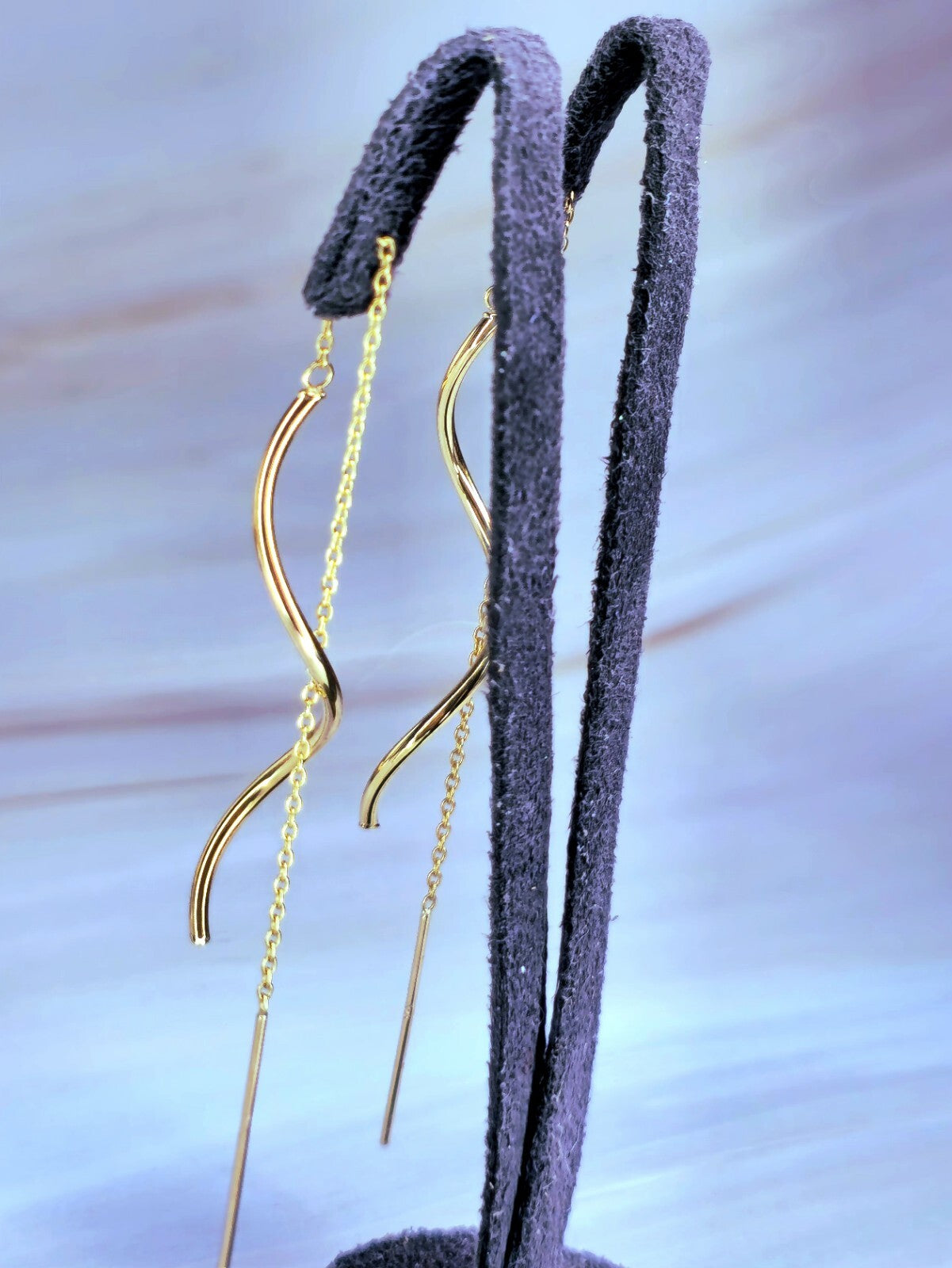 New 9ct Yellow Gold Twist Drop Earrings Squiggle Pull Through Wavy Chain 12.5cm