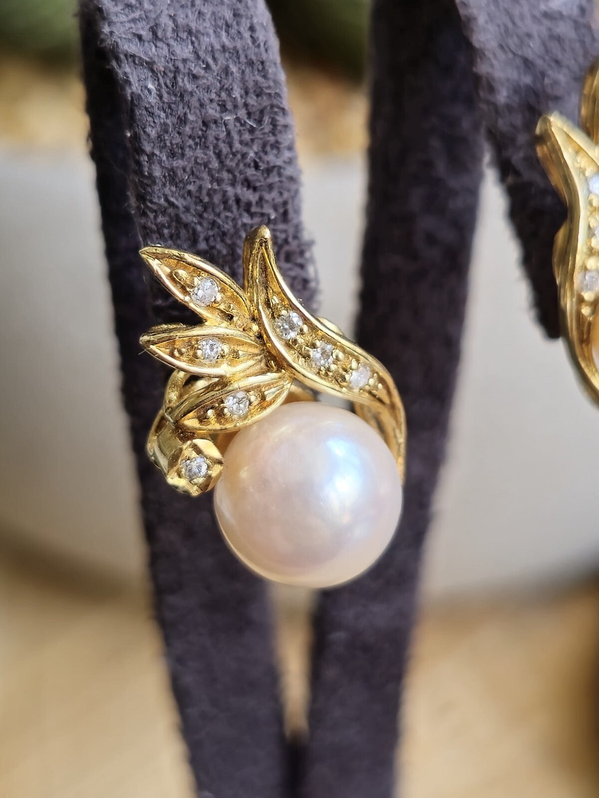 18K Yellow Gold Sea Water Pearl Stud Earrings with Diamonds Studs Solid Gold