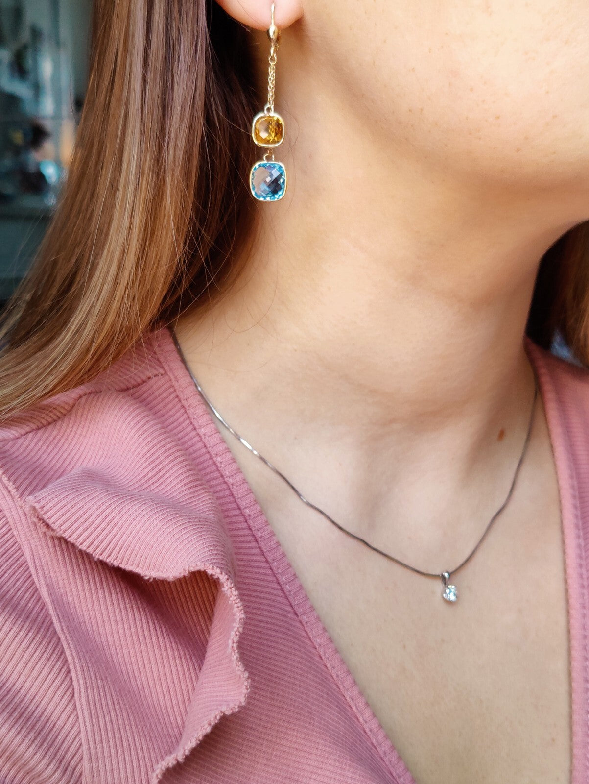 New 9ct Gold Drop Earrings 5grams Blue Topaz and Citrine Big Stones Hallmarked