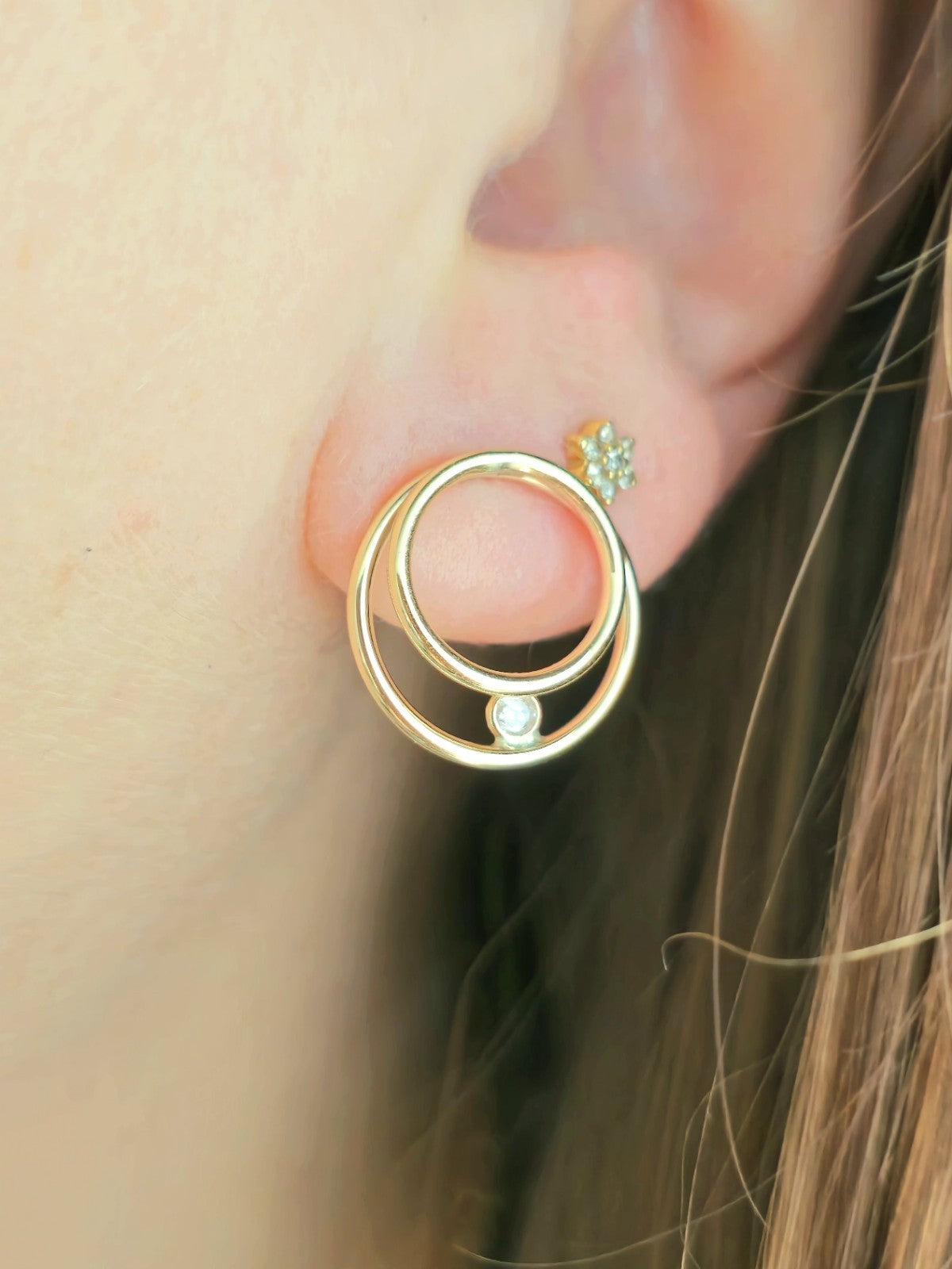 NEW 9ct Yellow Gold Solid Double Circle Earrings with Cubic Zirconia Elegant