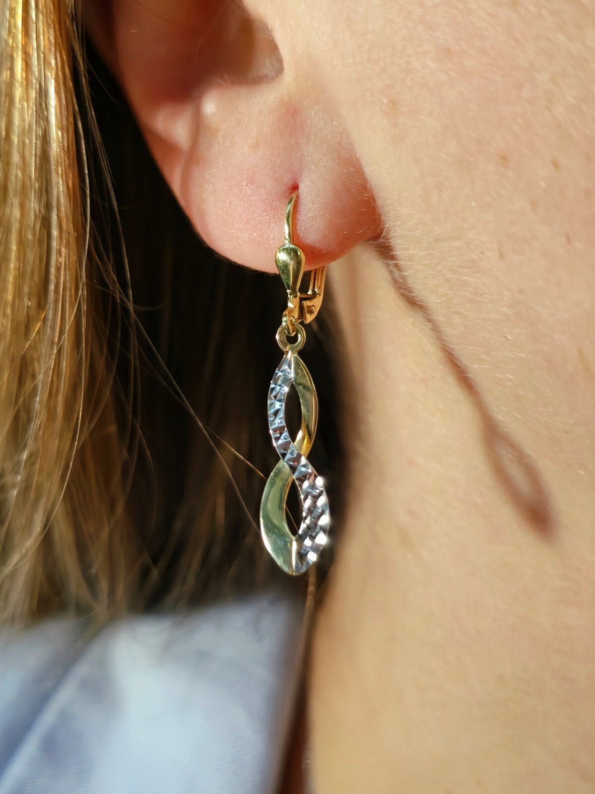 New 9ct Yellow/White Gold Drop Dangle Earrings Diamond Cut 8-Shape Leverback