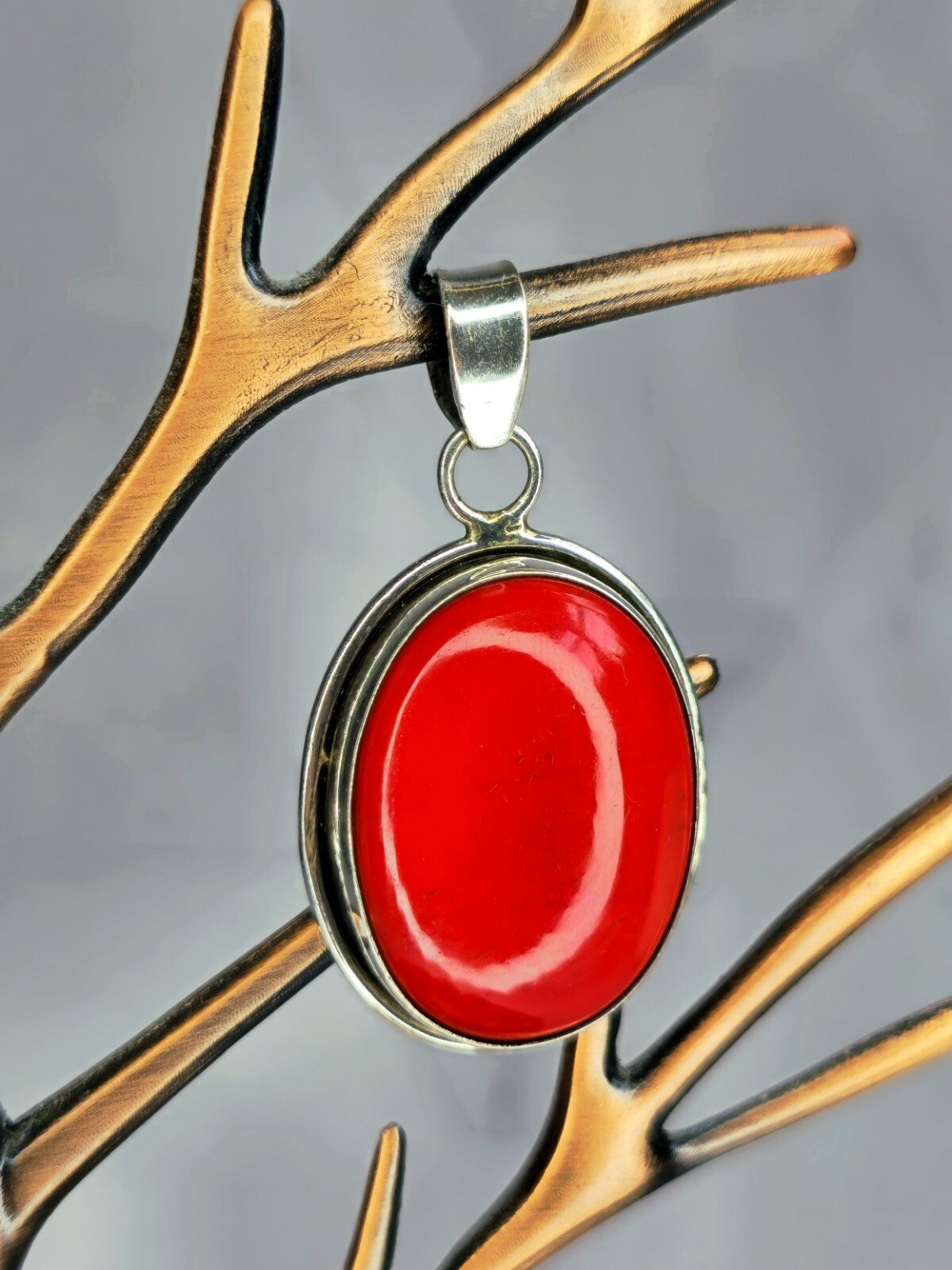 Vintage Big Oval Pendant Silver 925 with Red Stone Heavy Chunky 45mm x 24mm