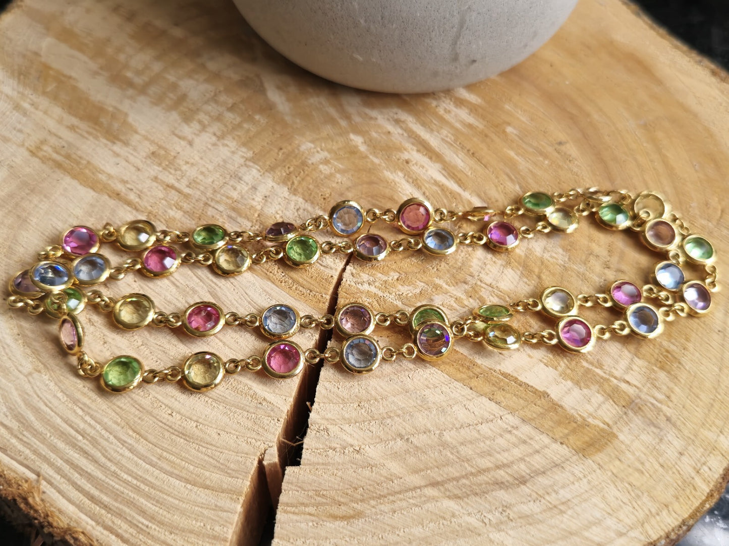 Lovely Gold Tone Bezel Set Austrian Crystal 31 Inch Necklace Multicolour