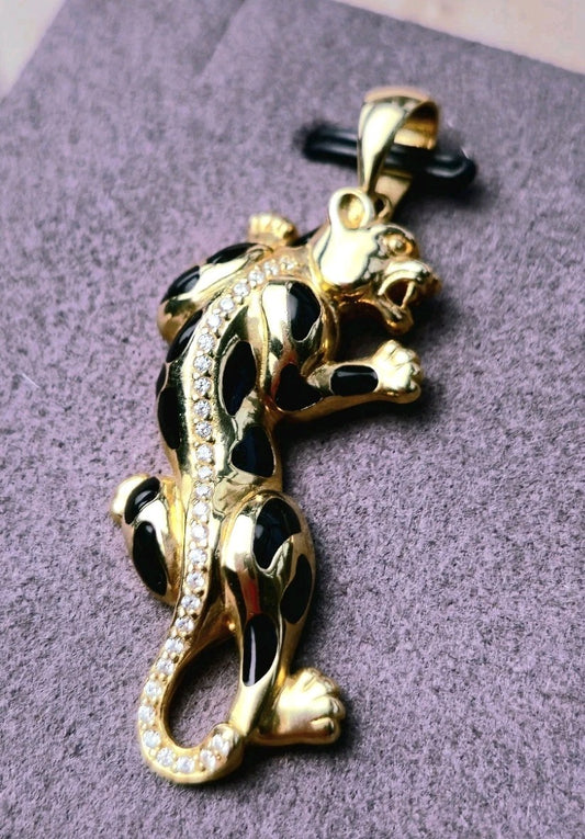 New Solid 9ct Yellow Gold Panthere Pendant Charm with CZ and Enamel Cat Puma