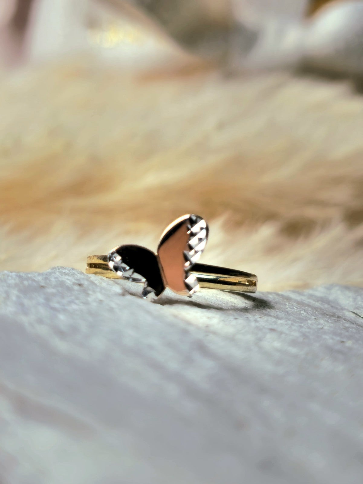 New 9ct Yellow/White Gold Butterfly Ring 3D Cute Feminine Double Band Hallmarked