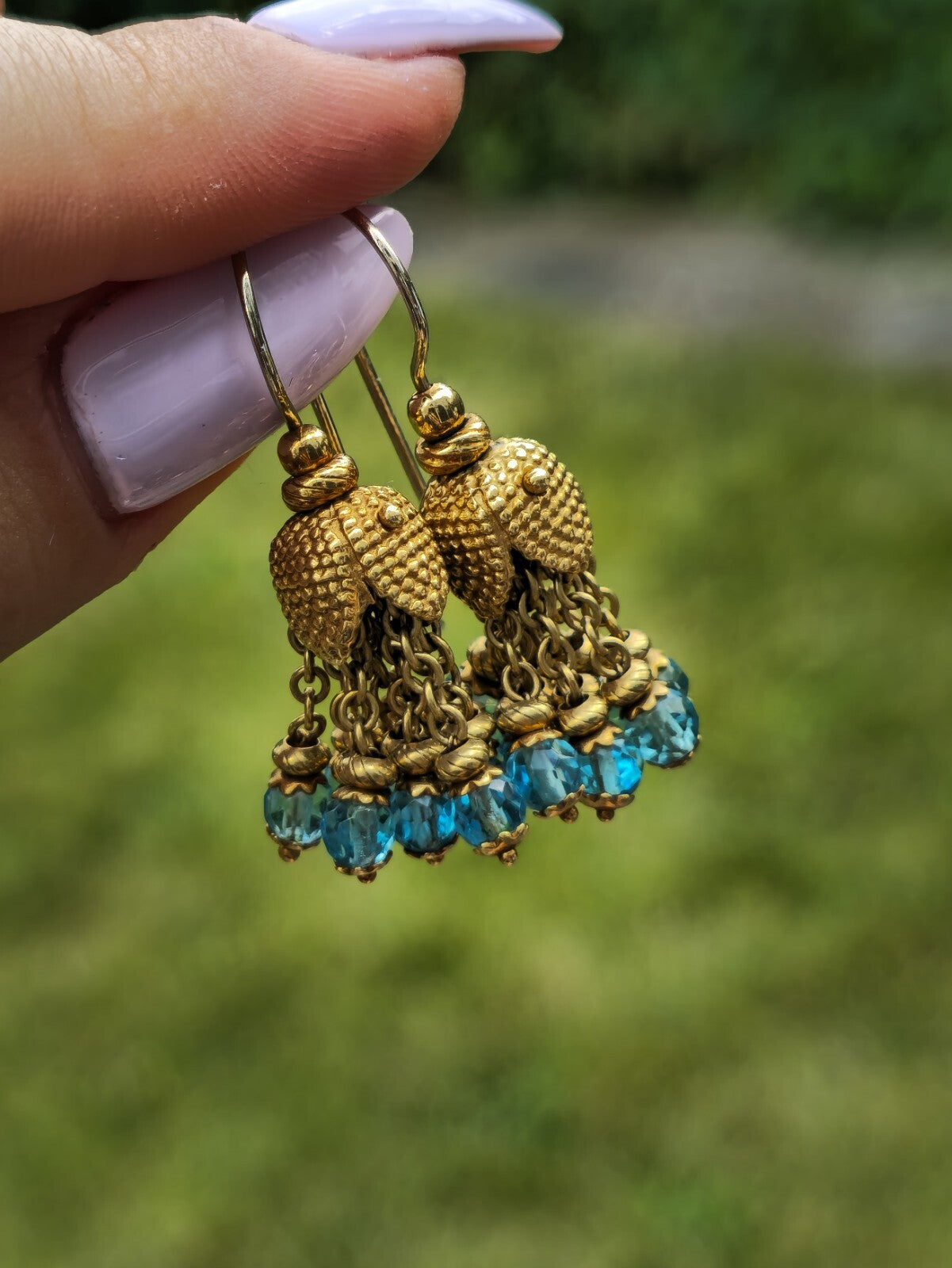 Solid 18K Yellow Gold Blue Topaz Chandelier Dangle Drop Earrings Hook Indian