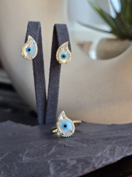 14k Yellow Gold Evil Eye Set of Ring and Earrings English Clasp