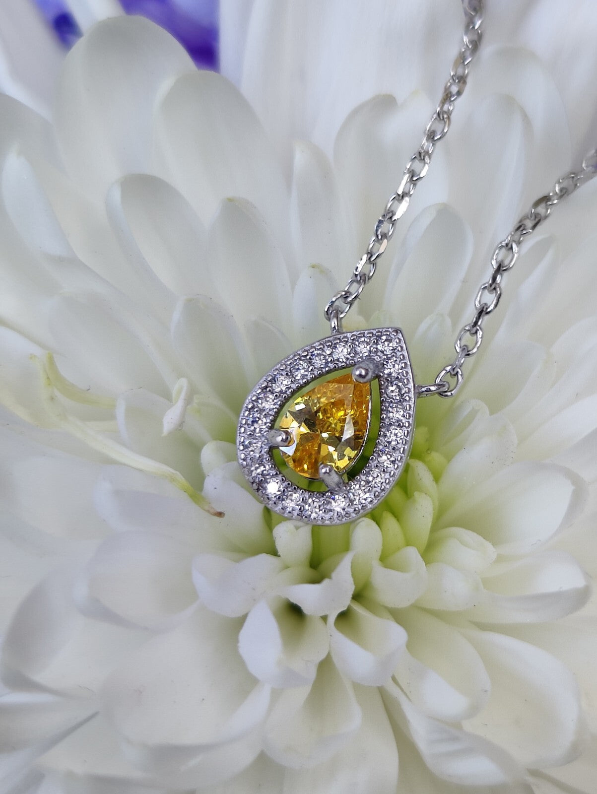 Beautiful Solid Silver Necklace with Yellow Pear CZ and White Halo, Hallmarked