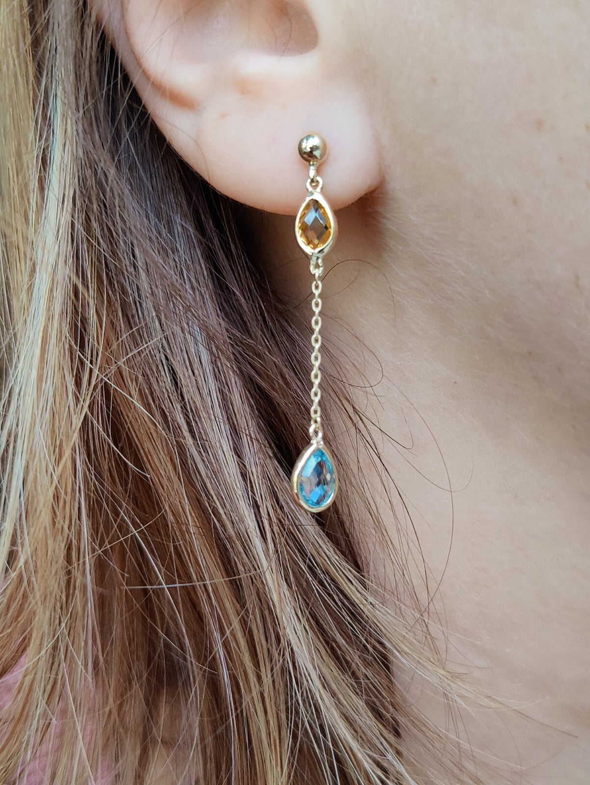 New 9ct Yellow Gold Drop Earrings Blue Topaz and Citrine Gemstones Hallmarked
