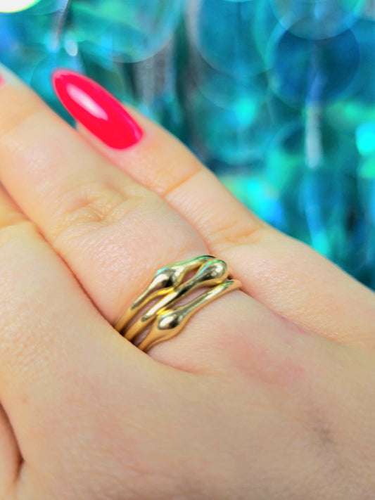 (585) 14ct Yellow Gold Ring Three Raw Band size: P Dress Plain Ring Hallmaked