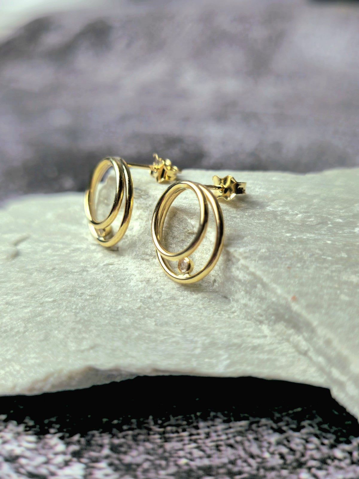 NEW 9ct Yellow Gold Solid Double Circle Earrings with Cubic Zirconia Elegant