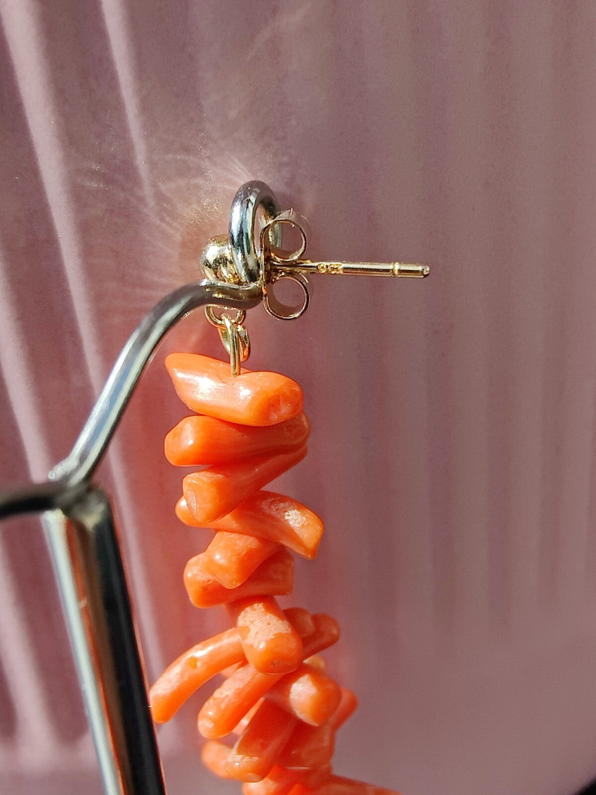 9ct Real Yellow GOLD and Natural Red CORAL Long Drop Earrings 4.5cm Vintage