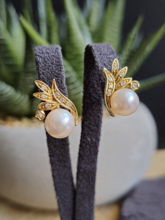 18K Yellow Gold Sea Water Pearl Stud Earrings with Diamonds Studs Solid Gold