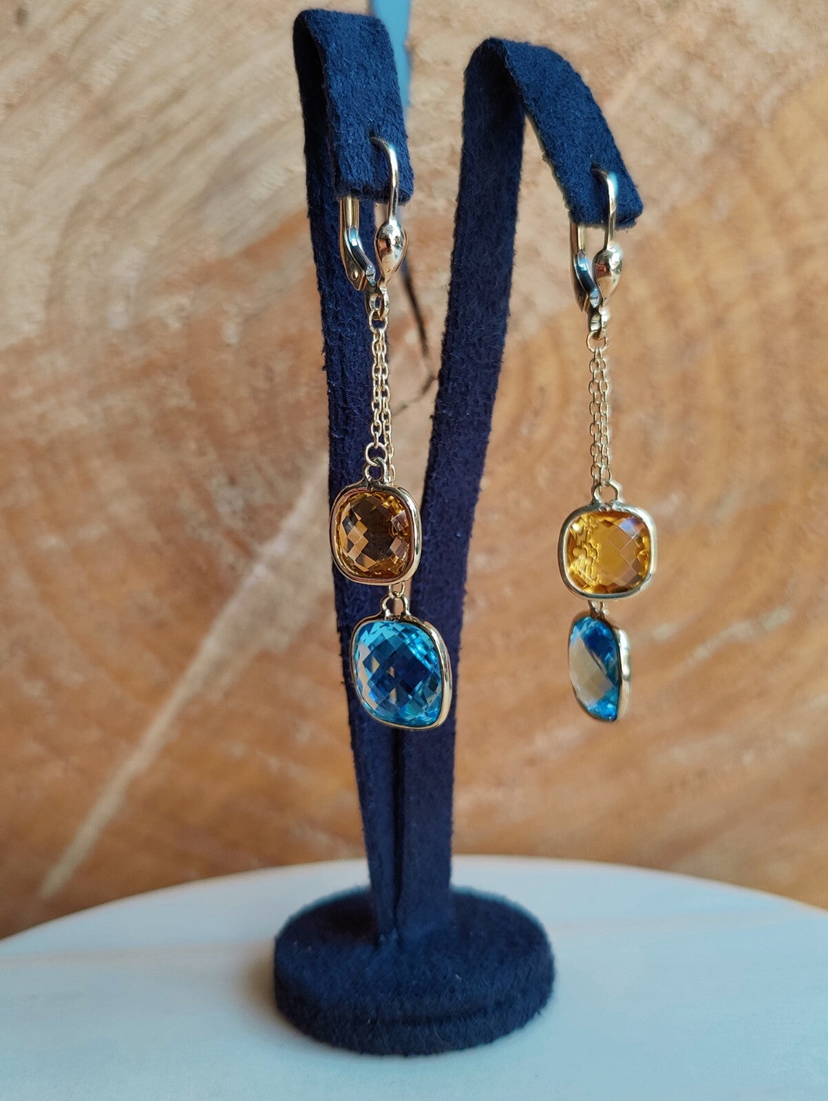 New 9ct Gold Drop Earrings 5grams Blue Topaz and Citrine Big Stones Hallmarked