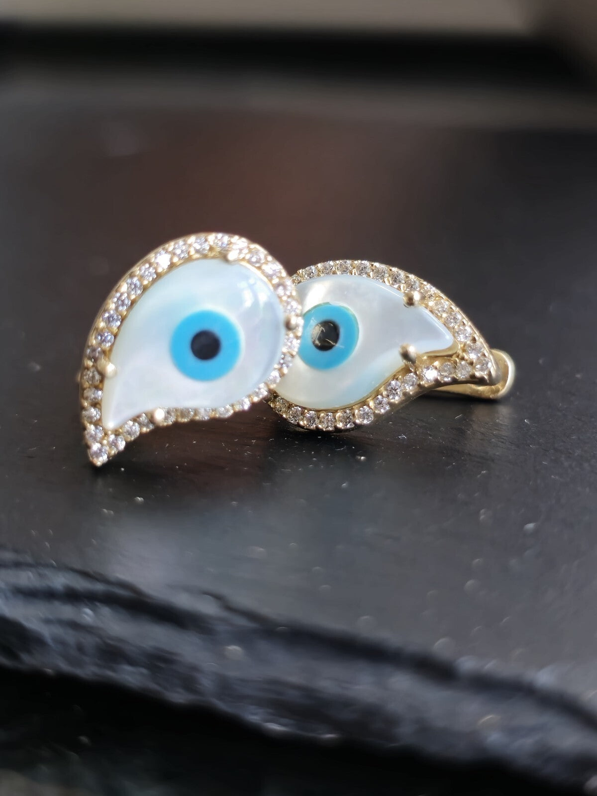 14k Yellow Gold Evil Eye Set of Ring and Earrings English Clasp