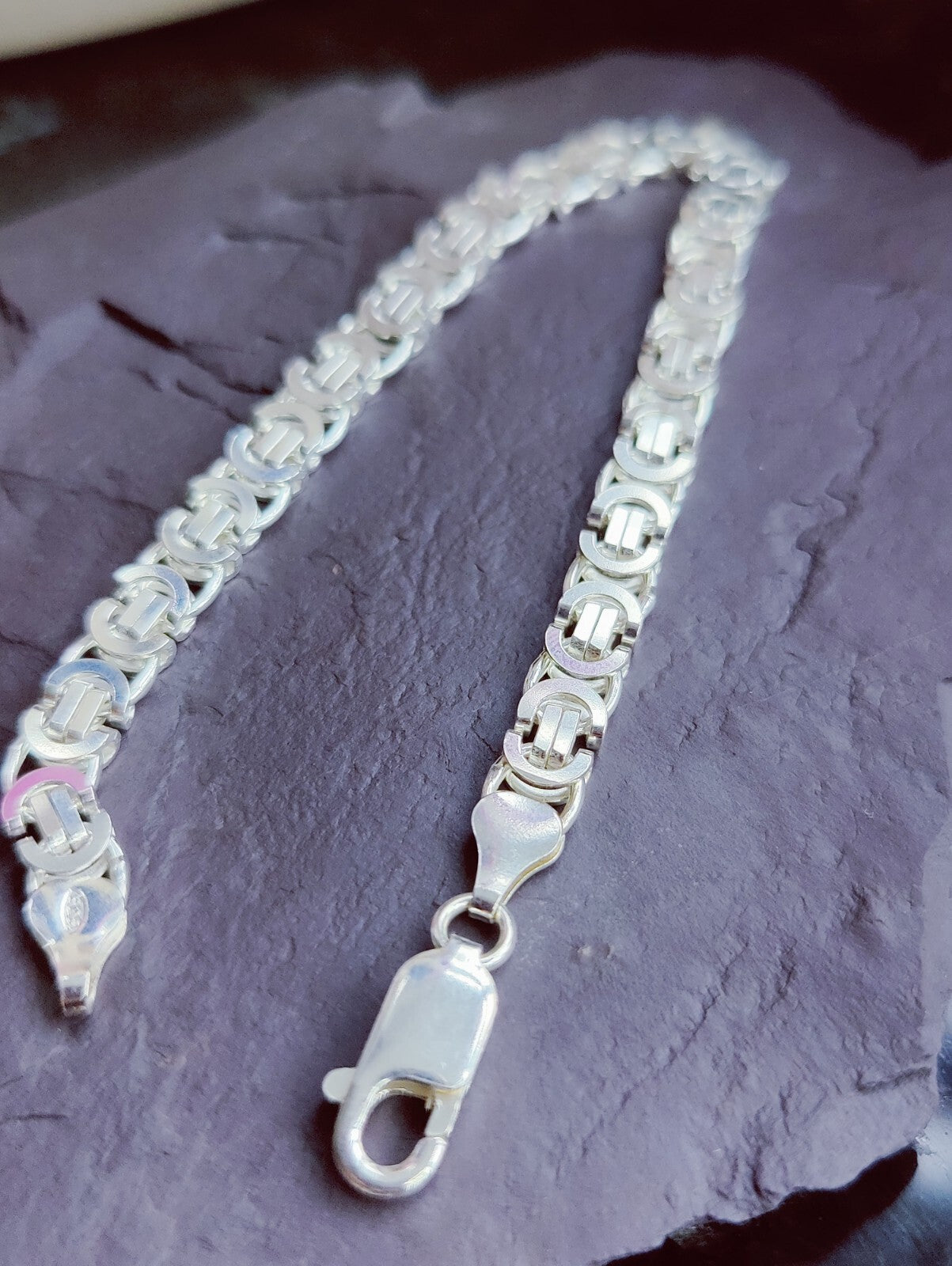 925 Sterling Silver Chunky Heavy Mens Bracelet 14.5 grams Flat Byzantine 6mm