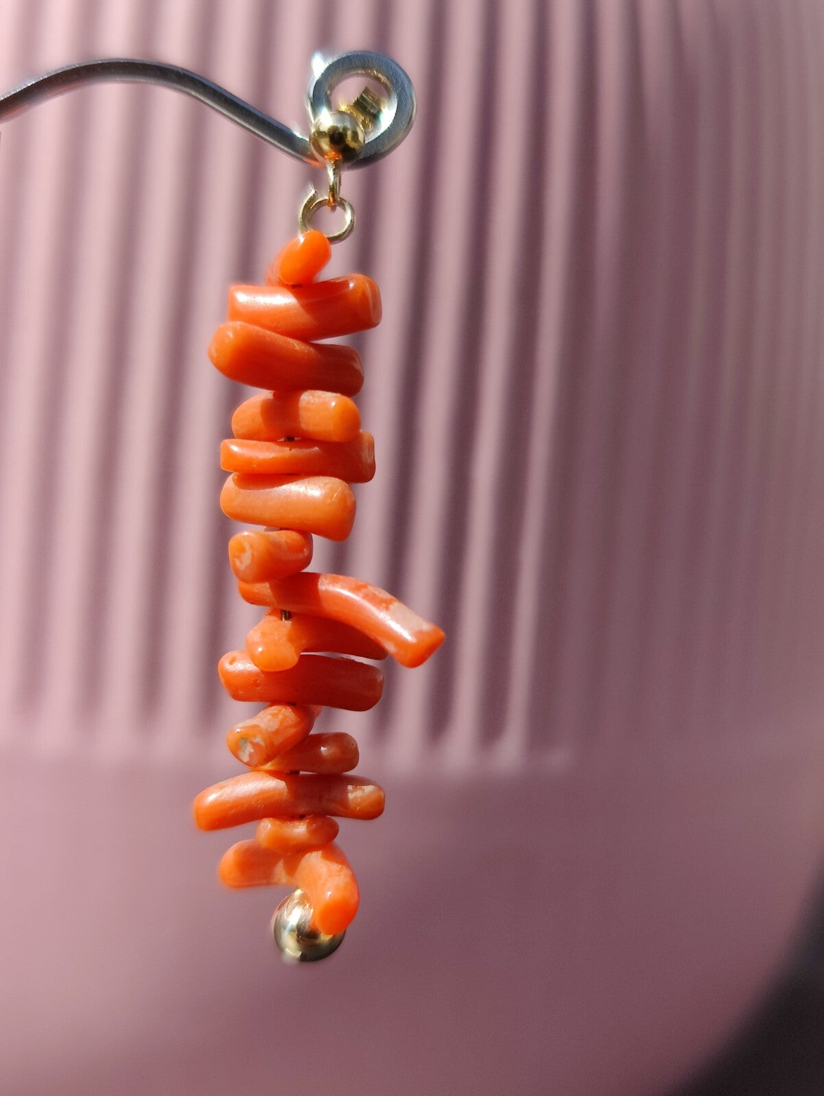 9ct Real Yellow GOLD and Natural Red CORAL Long Drop Earrings 4.5cm Vintage
