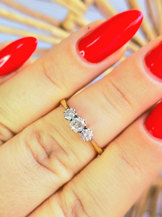 Solid 18ct Yellow Gold & Platinum Trilogy 0.40ct Diamond Ring, H, VS1-VS2 Size M