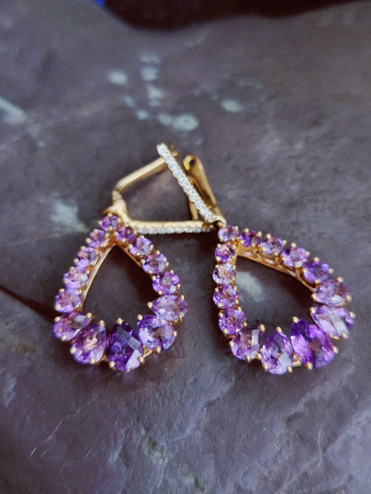 Solid 18K Rose Gold Amethyst & Diamond Drop Earrings Pear Shape Elegant