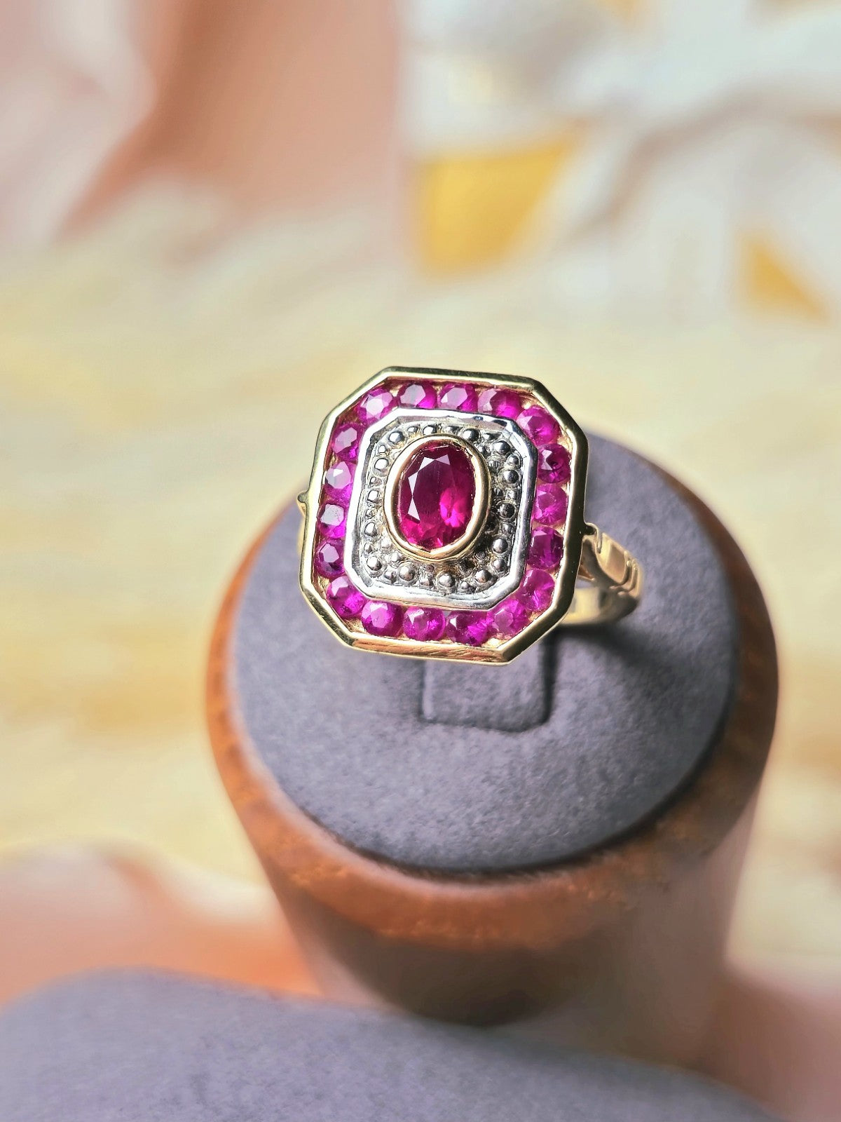 New 18ct Yellow Gold Coctail Square Ruby Ring with 1ct Oval Ruby