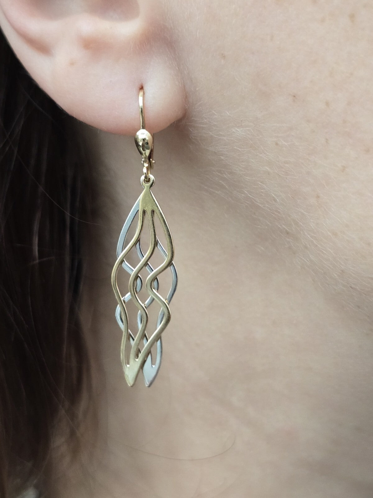 9ct Yellow/White Gold Solid Drop Earrings Long 50mm Leaf Motif Waves Lever Back