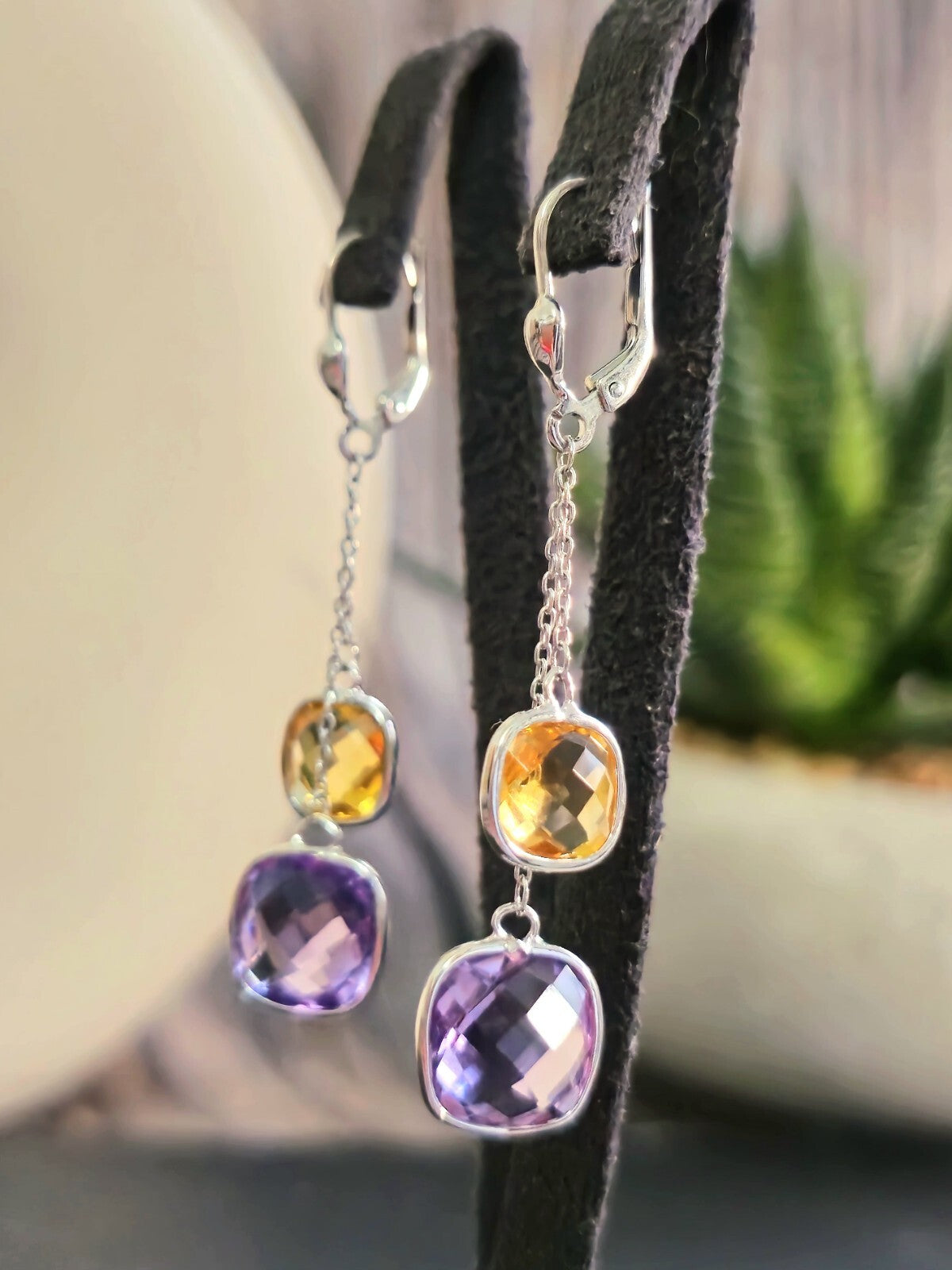 New 9ct White Gold Drop Earrings Amethyst and Citrine Big Stones Dangling Dress