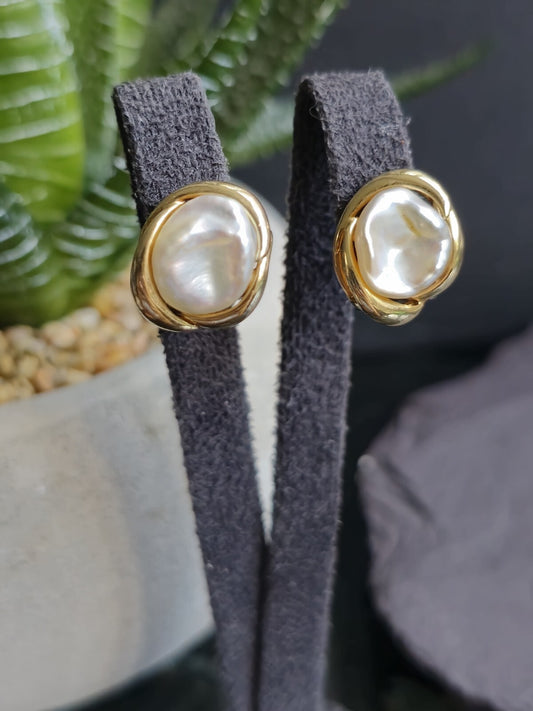 14K Yellow Gold Baroque Pearl Stud Earrings Hallmarked 3.6g Double Gallery