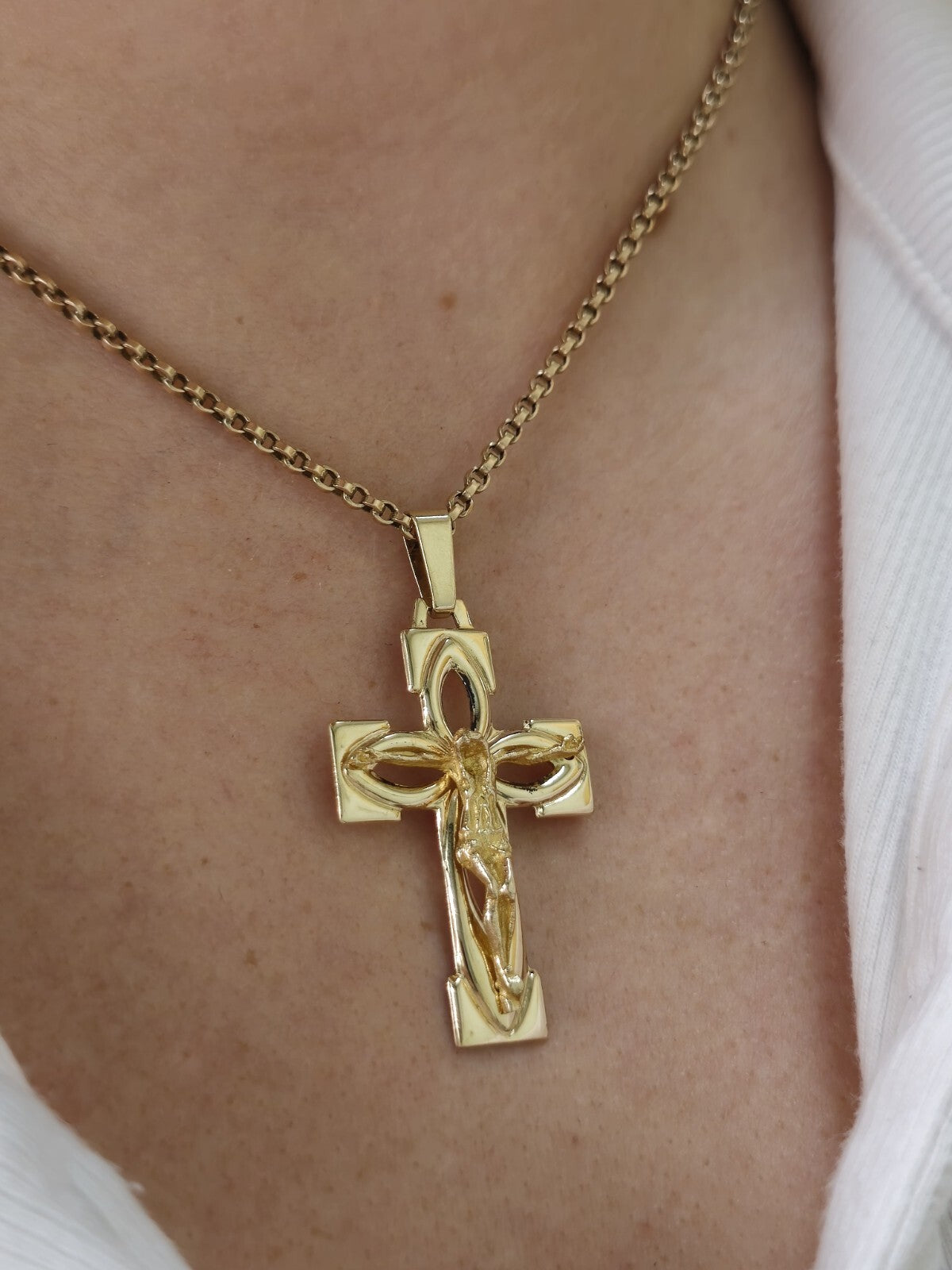 New Solid 9ct Yellow Gold Square Cross with Jesus Pendant 45mm x 25mm Hallmarked