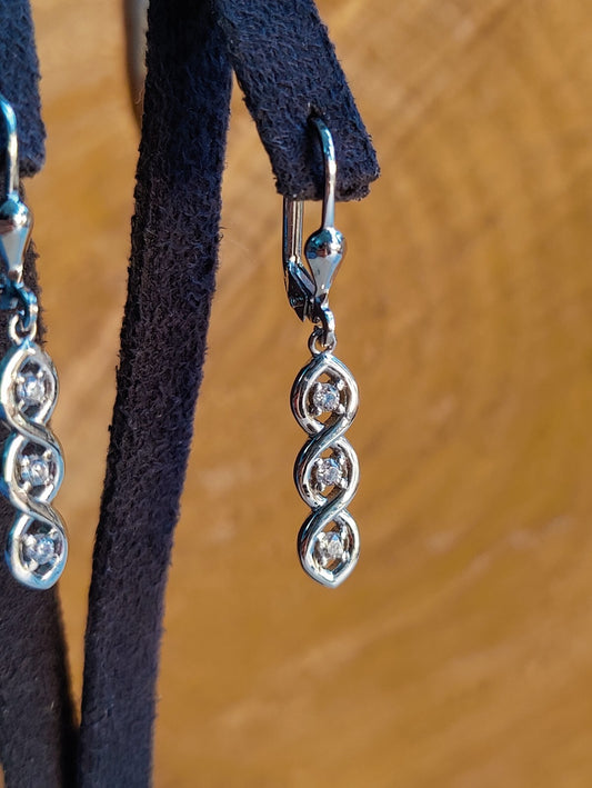 9ct White Gold triple Twist Drop Dangly Earrings with CZ Leverback Hallmarked