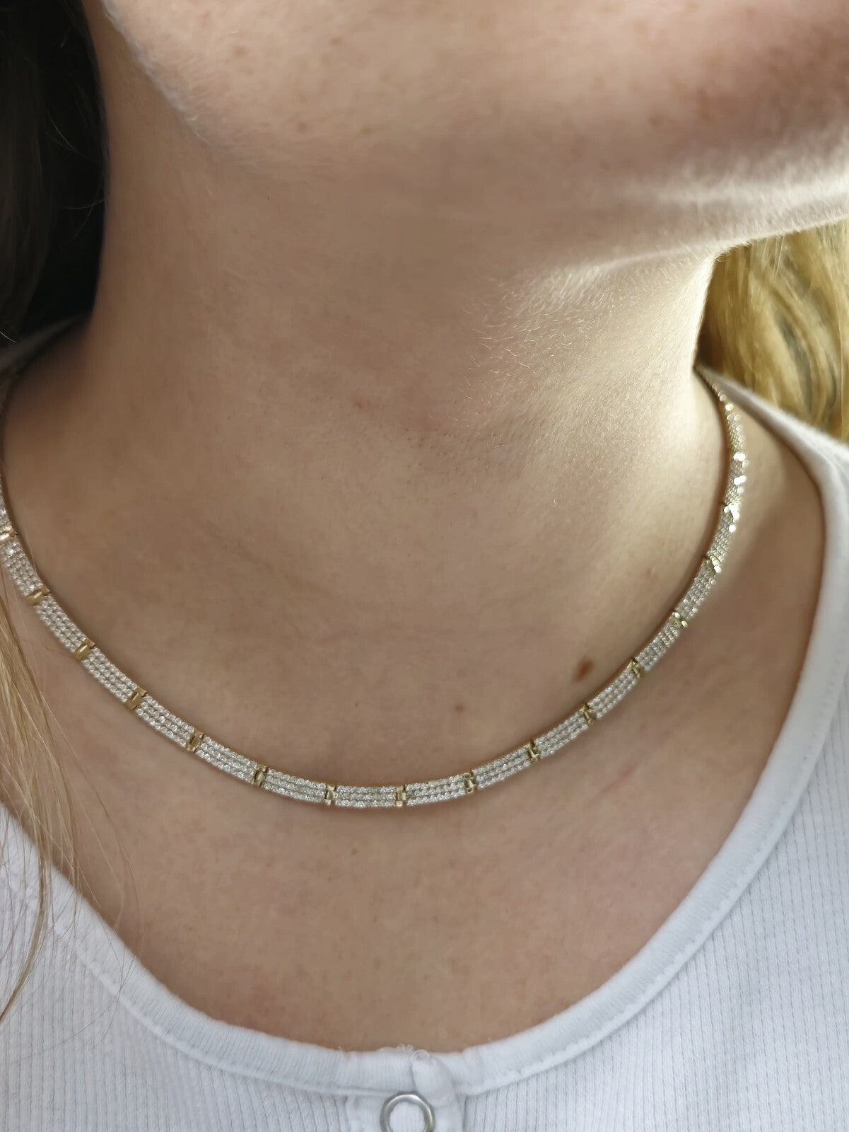 New Iced/Loaded Solid 9ct Yellow Gold Collar/Necklace 7.5inch C/Z Pave Hallmark