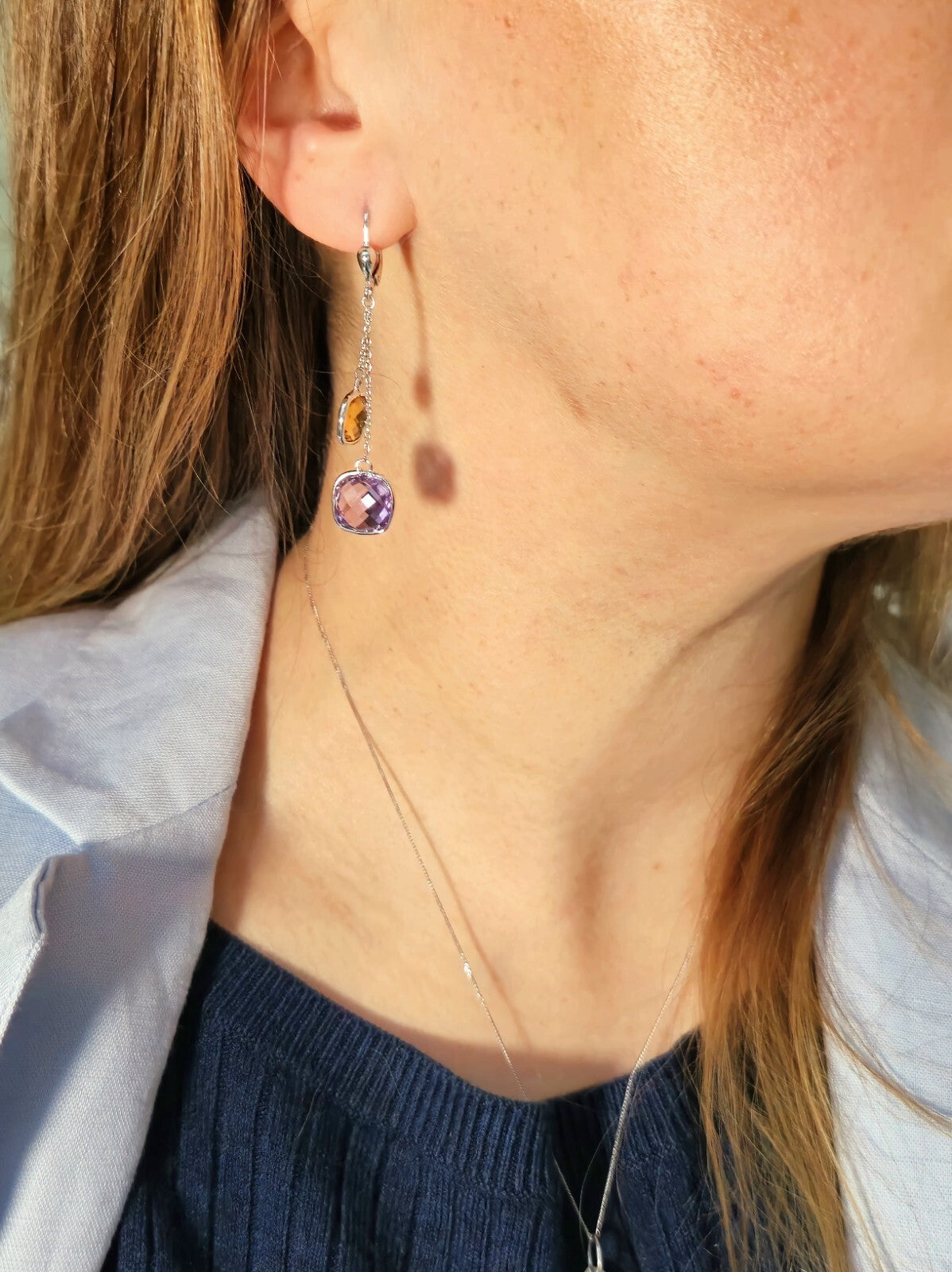 New 9ct White Gold Drop Earrings Amethyst and Citrine Big Stones Dangling Dress