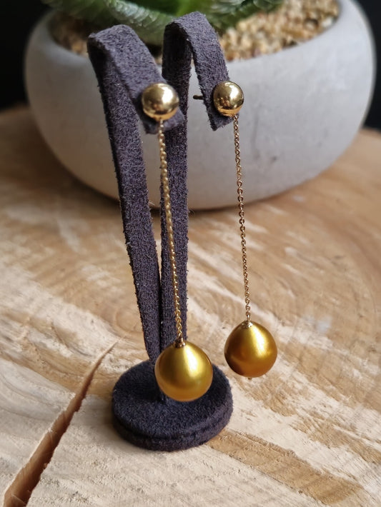 Long Chain Drop Earrings in 14K Yellow Gold Yellow 8mm Baroque Pearls 73mm Long