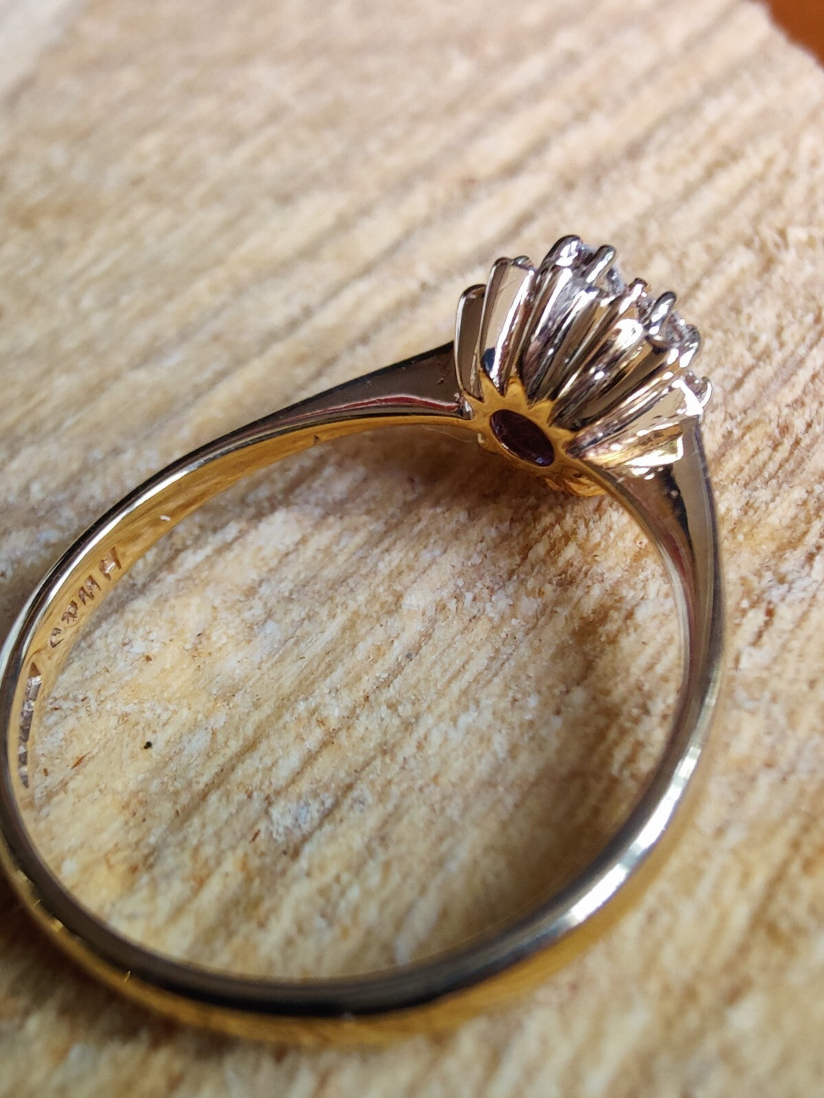 Lovely 9ct Yellow Gold Diamond Ruby Ring Engagement Proposal Flower Ring size M+