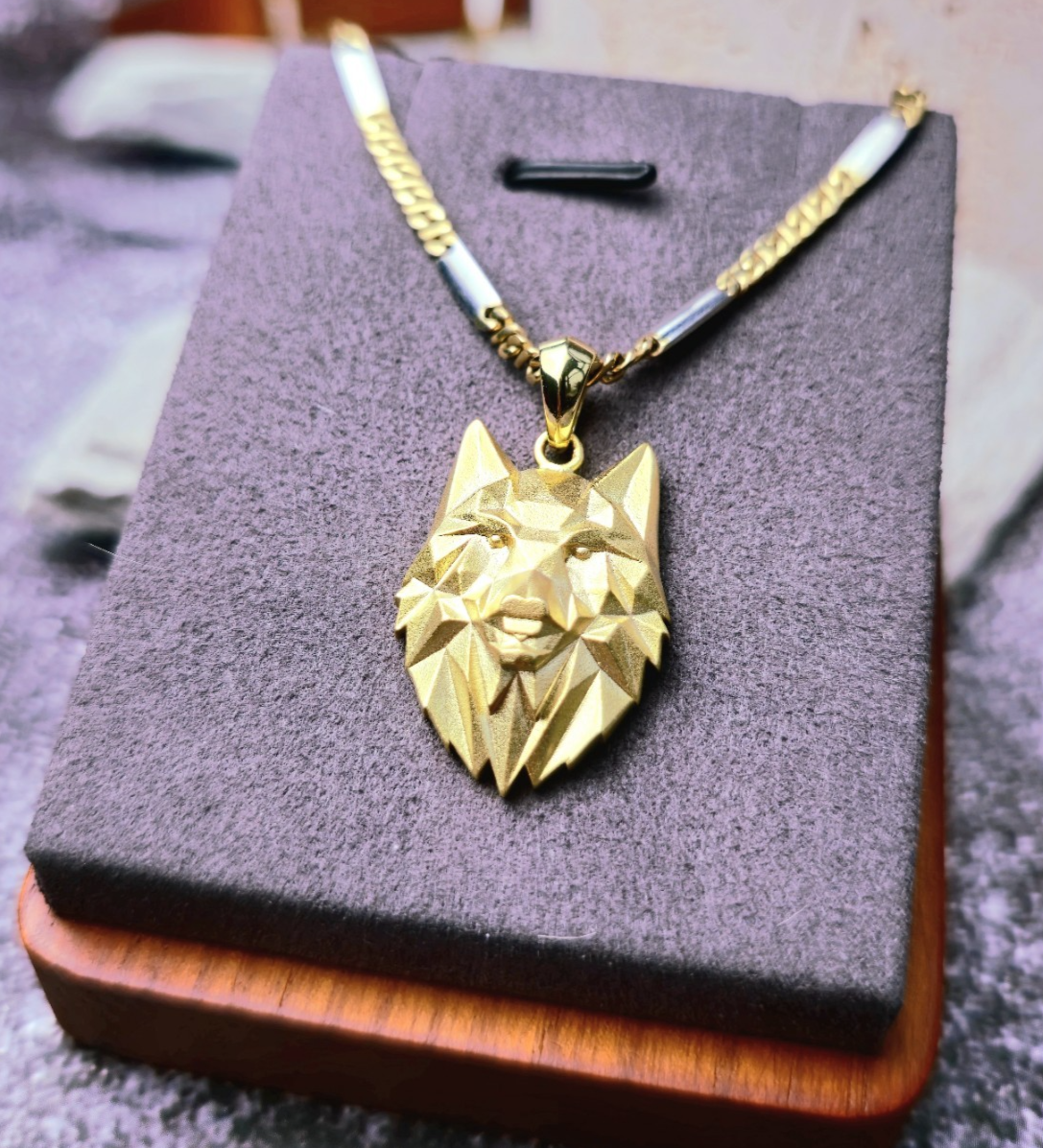 New Sterling Silver (925) Gold Plated Wolf Head Pendant 3D Geometrical Shape