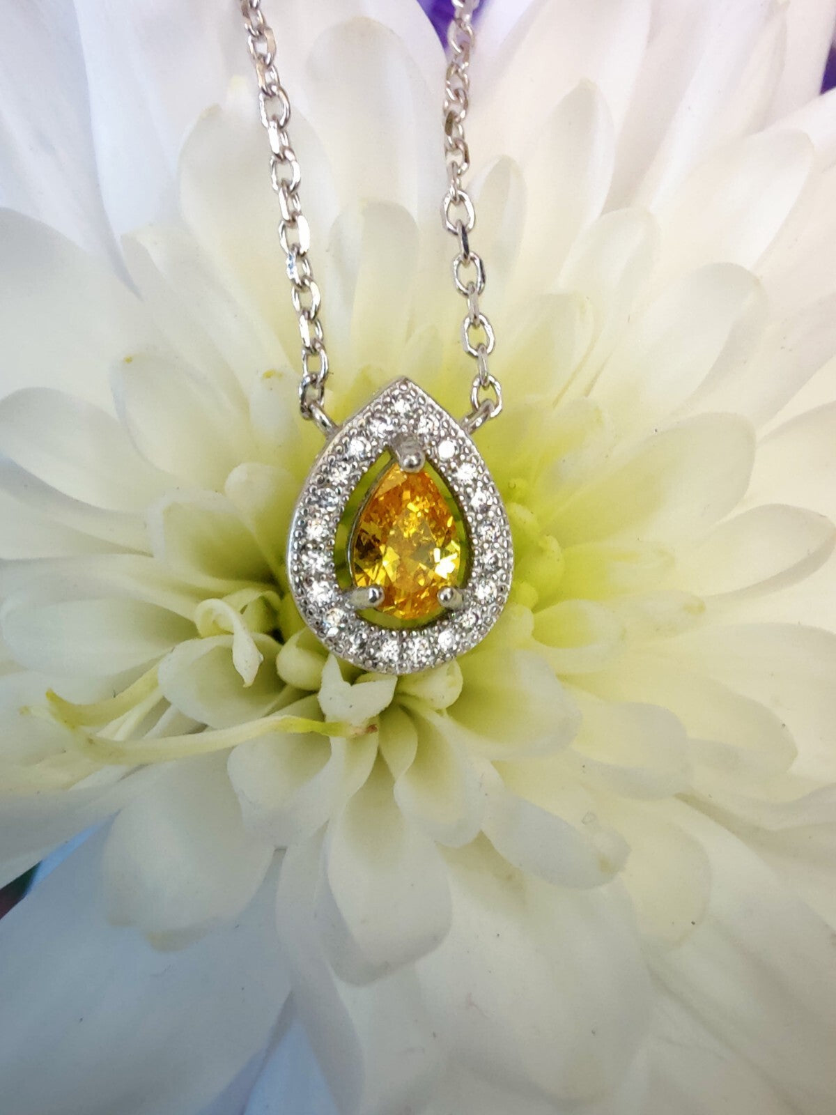 Beautiful Solid Silver Necklace with Yellow Pear CZ and White Halo, Hallmarked