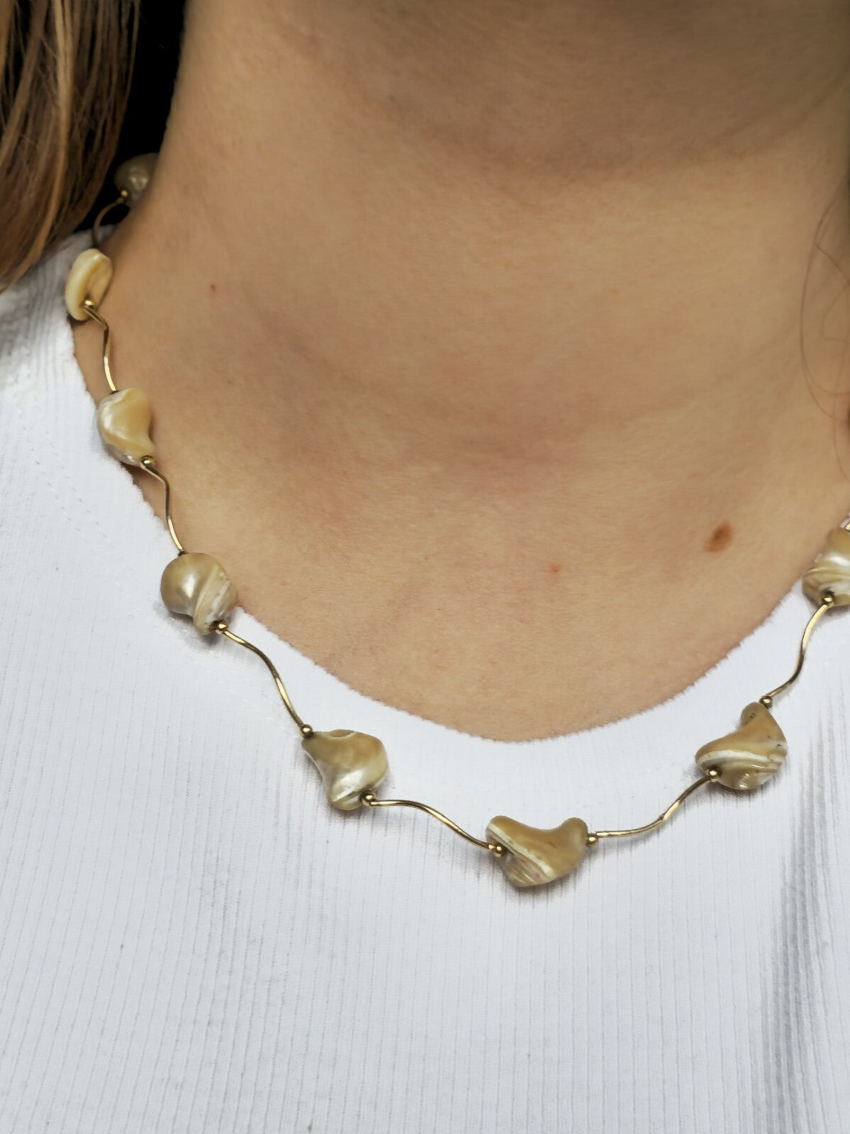 9K Yellow Gold Bars And Natural Baroque Pearls 18inch Necklace 16.5grams