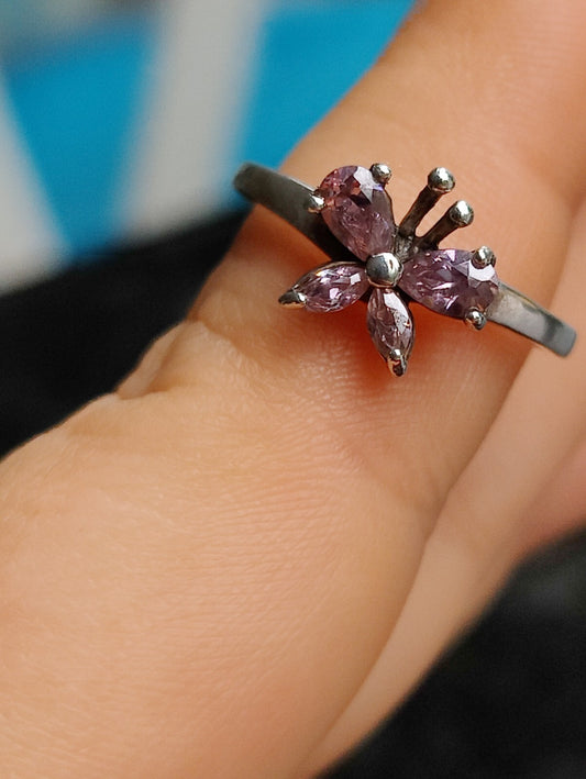 925 Sterling Silver Butterfly Ring With Pink CZs UK Size N (14) (54)