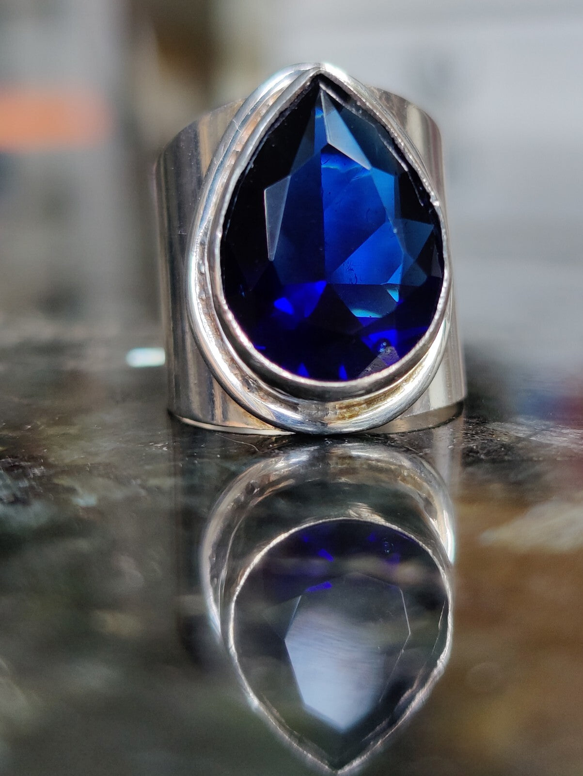 Sterling Silver 925 Ring with Big Blue Pear Shape Stone, Dress, Coctail, size K