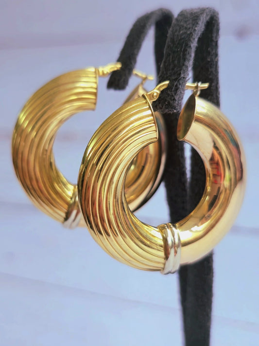 18ct Yellow Gold CHUNKY ROUND CREOLE HOOP EARRINGS Fashion 37mm Hoops Thick