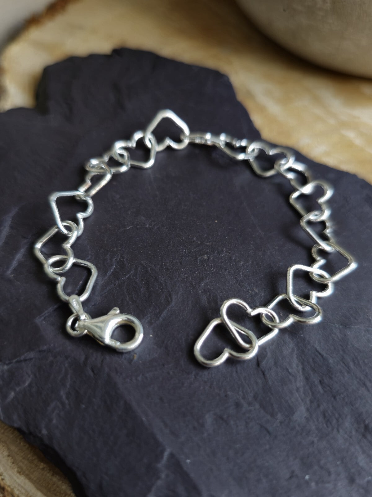 New 925 Sterling Silver Heart Link Bracelet 7.5inch 10mm 7.5grams Hallmarked