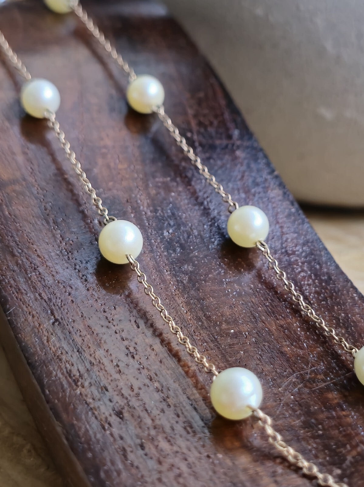 9K Yellow Gold Bars And Natural Cultured Pearls 17inch Fashion Necklace