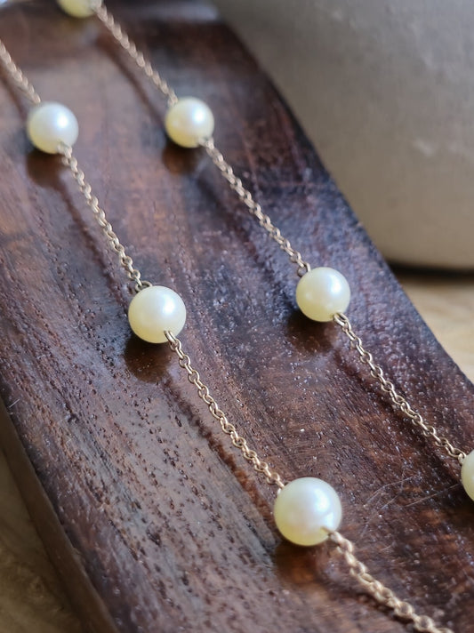 9K Yellow Gold Bars And Natural Cultured Pearls 17inch Fashion Necklace