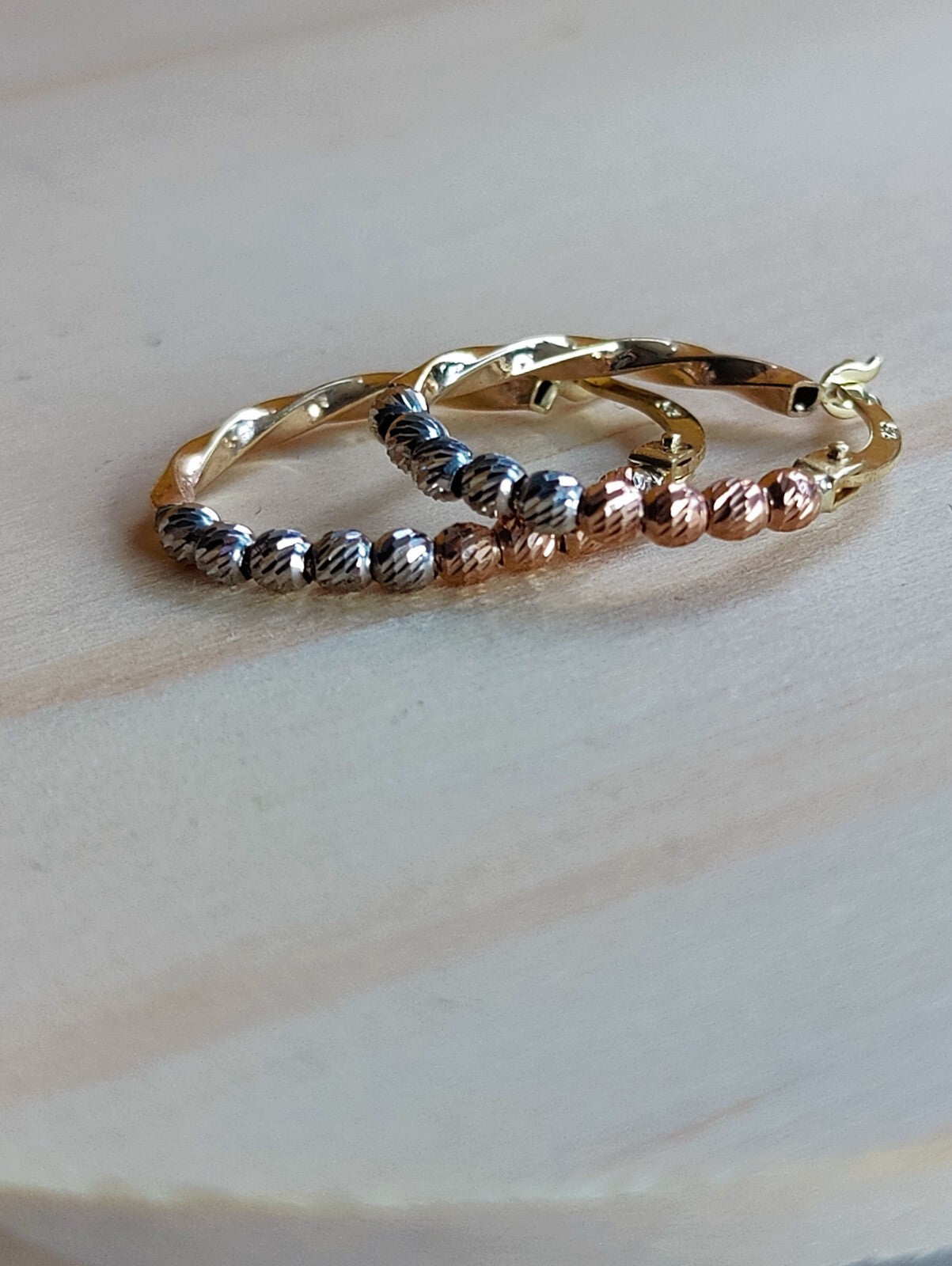 Oval 9ct Yellow/White/Rose Gold Huggies Trinity Three Colour Diamond Cut