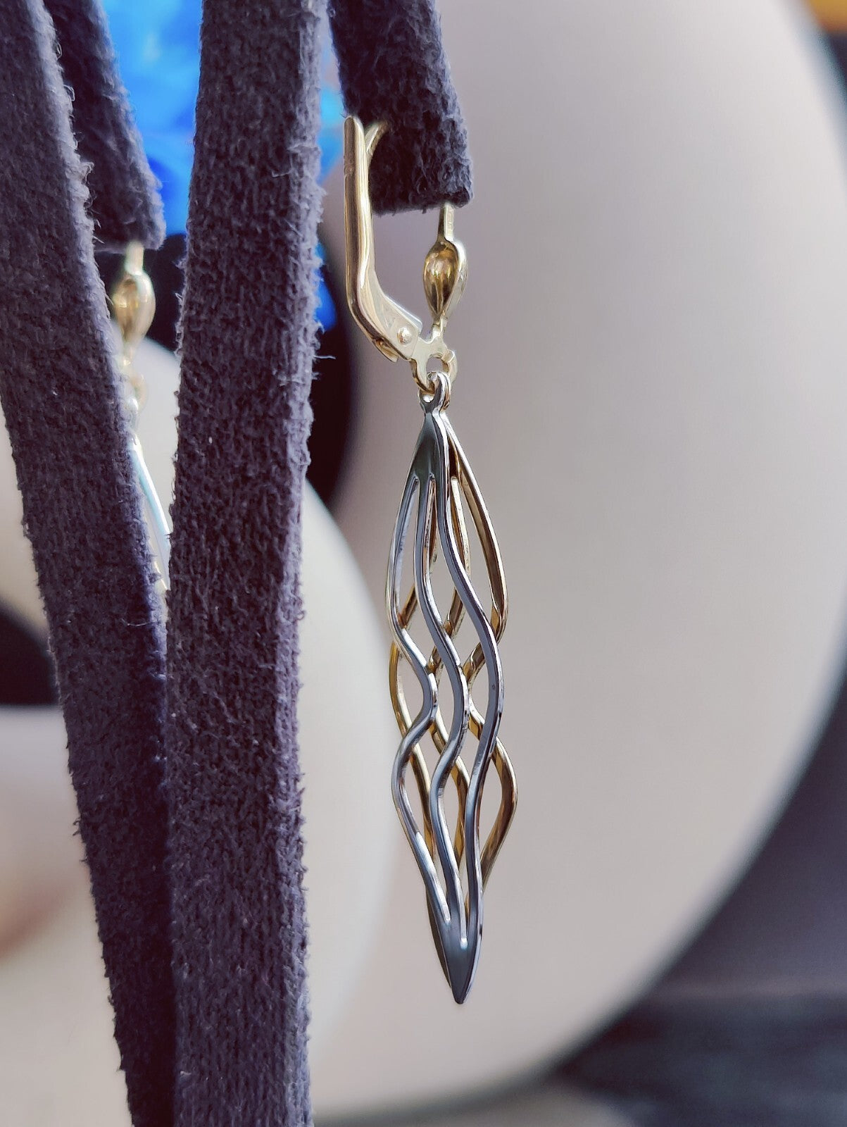 9ct Yellow/White Gold Solid Drop Earrings Long 50mm Leaf Motif Waves Lever Back